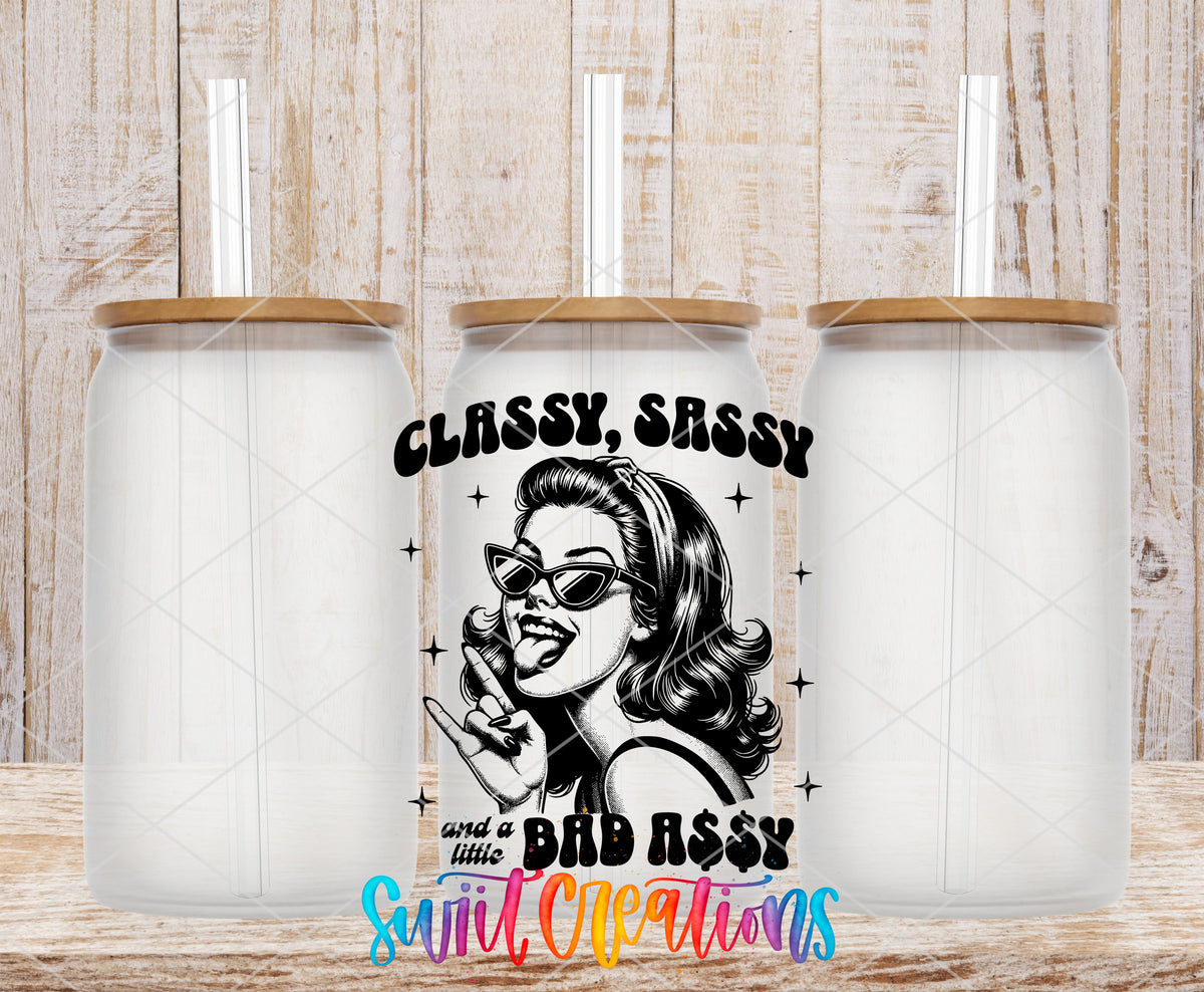 Classy Sassy Bad Assy Black frosted glass tumbler mockup with bamboo lids and straws