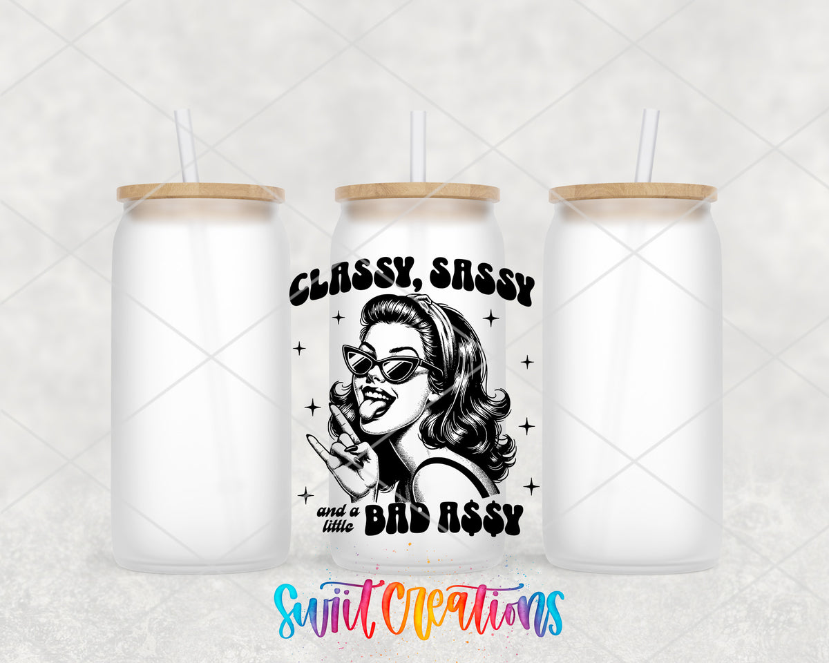 Classy Sassy Bad Assy Black frosted glass tumbler group view with lids and straws