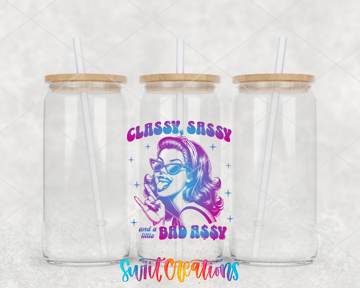 Classy Sassy Bad Assy Color clear glass tumbler group mockup with bamboo lids and straws