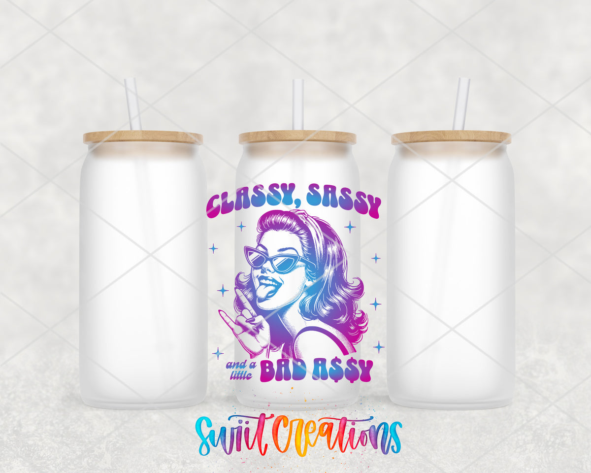 Classy Sassy Bad Assy Color frosted glass tumbler group view with lids and straws