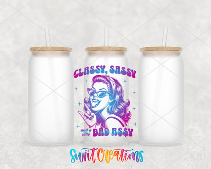 Classy Sassy Bad Assy Color frosted glass tumbler group view with lids and straws