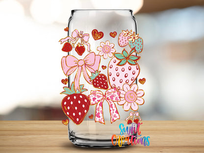 Boho Strawberry Coquette design close-up on a clear glass can tumbler