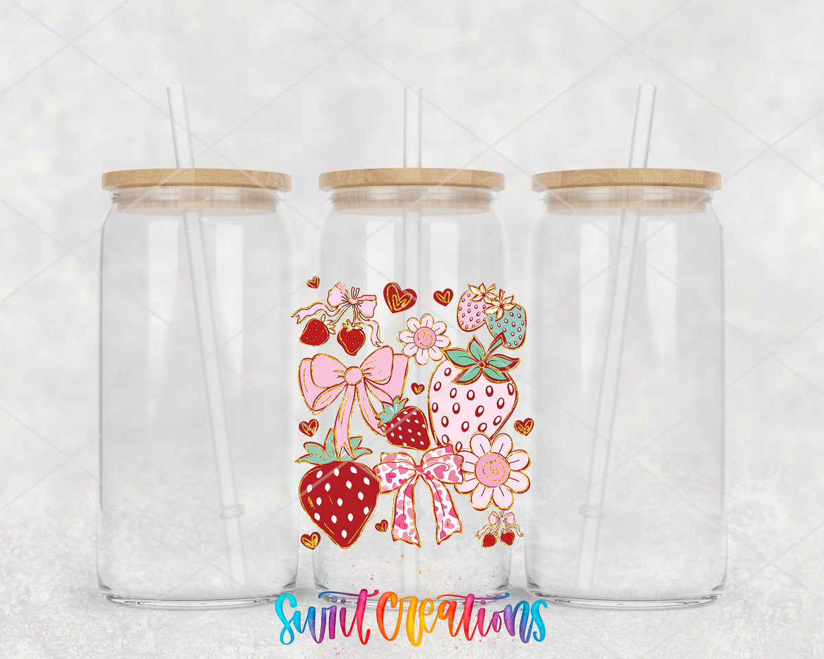 Boho Strawberry Coquette clear glass tumbler group mockup with bamboo lids and straws