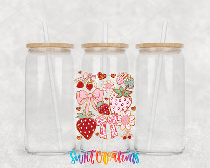 Boho Strawberry Coquette clear glass tumbler group mockup with bamboo lids and straws