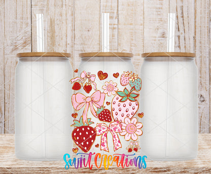 Boho Strawberry Coquette frosted glass tumbler mockup with bamboo lids and straws