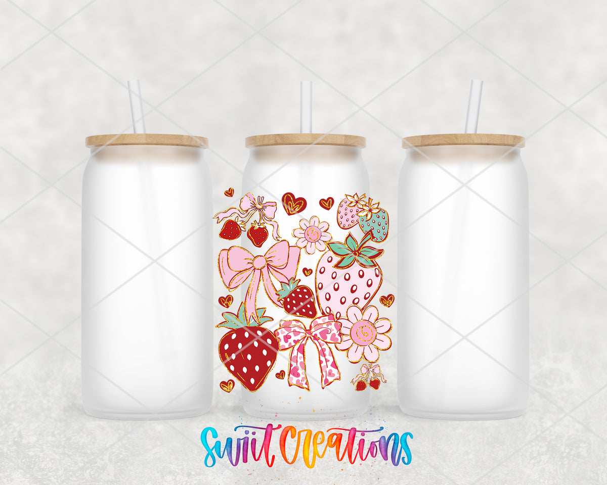 Boho Strawberry Coquette frosted glass tumbler group view with lids and straws