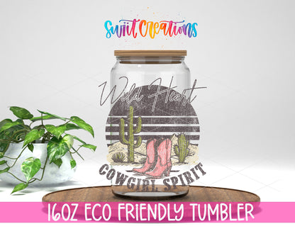 Wild Heart Cowgirl Spirit design on a 16 oz clear glass tumbler with bamboo lid