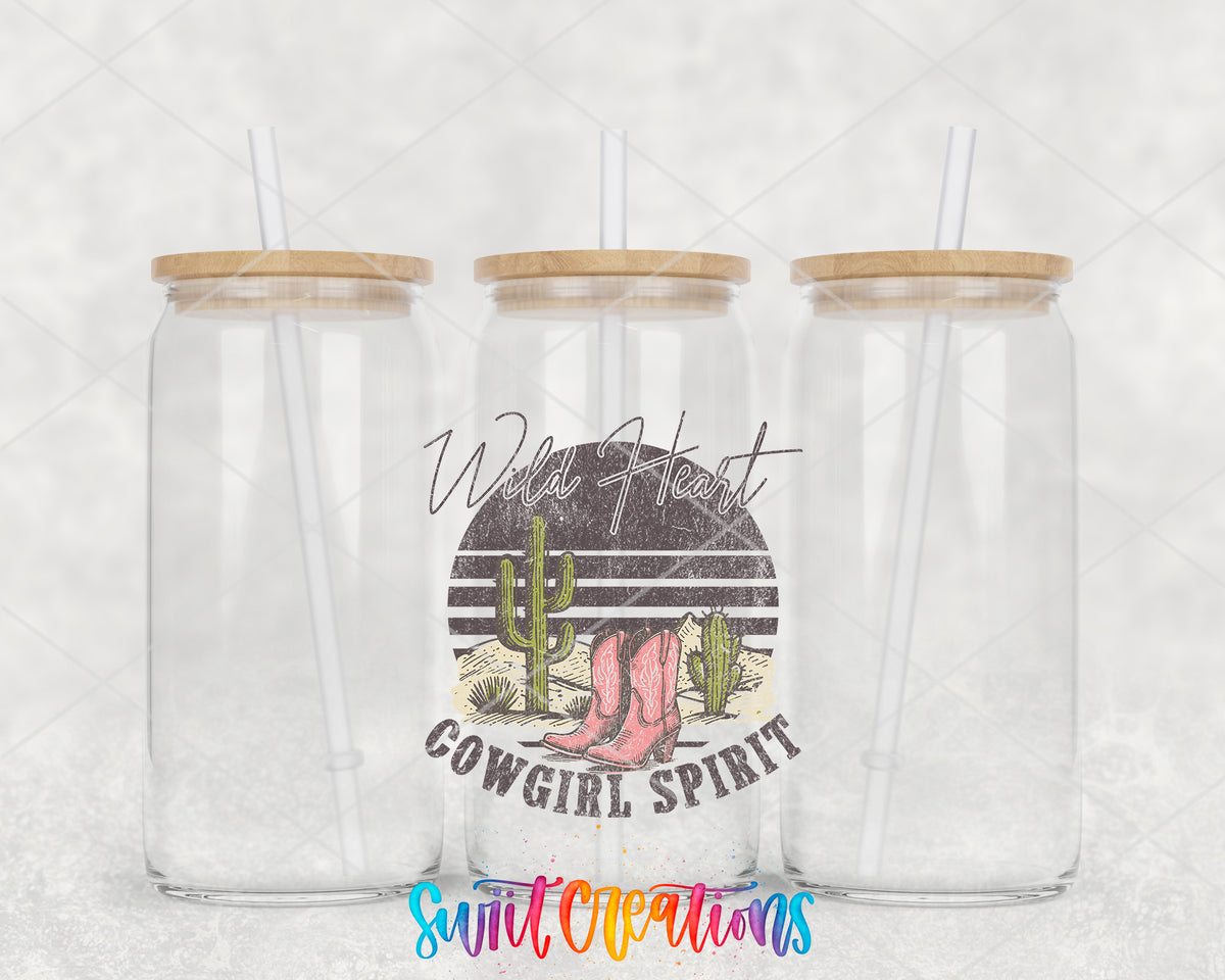 Wild Heart Cowgirl Spirit clear glass tumbler group mockup with bamboo lids and straws