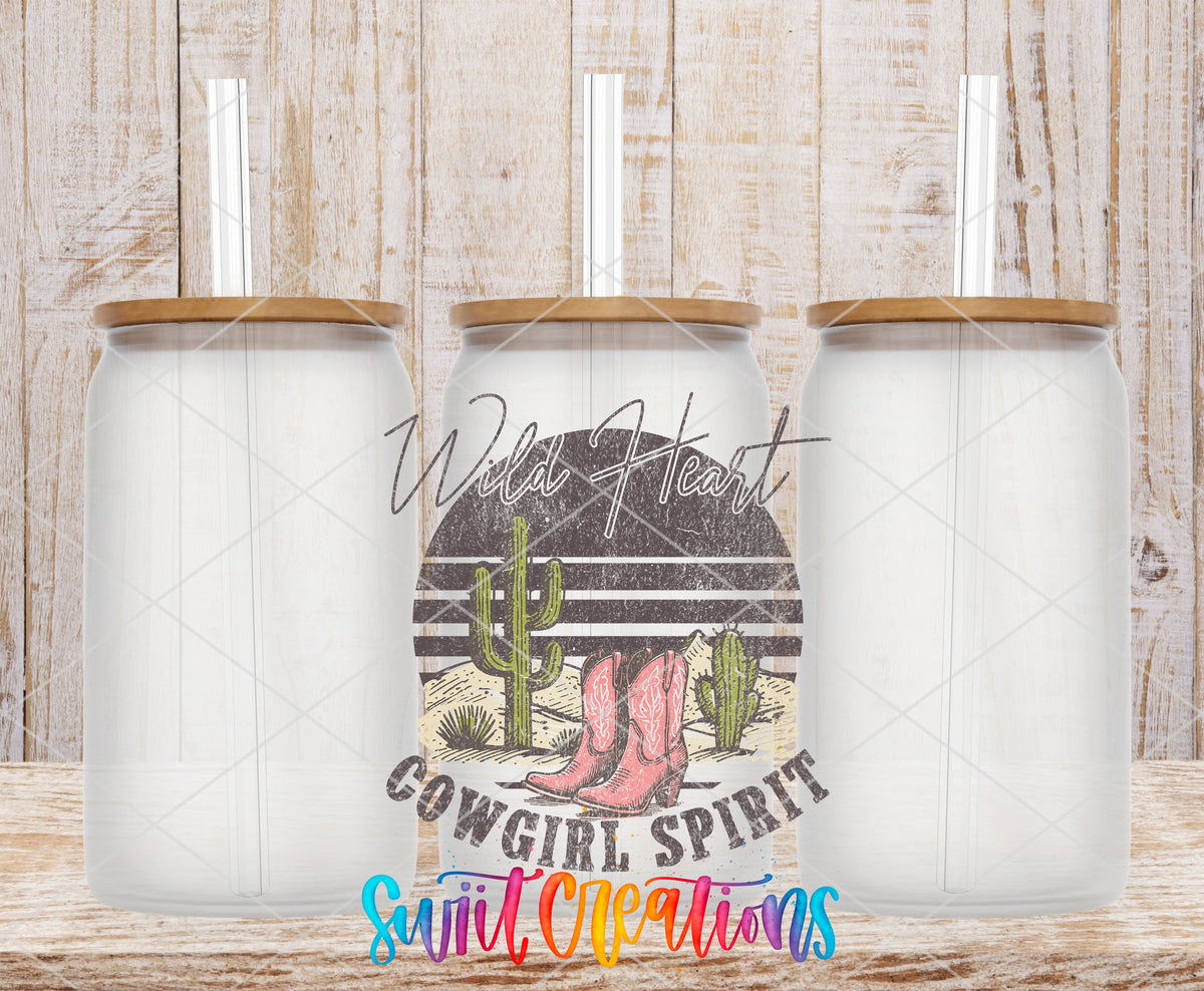 Wild Heart Cowgirl Spirit frosted glass tumbler mockup with bamboo lids and straws