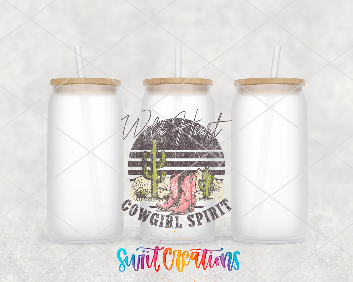 Wild Heart Cowgirl Spirit frosted glass tumbler group view with lids and straws