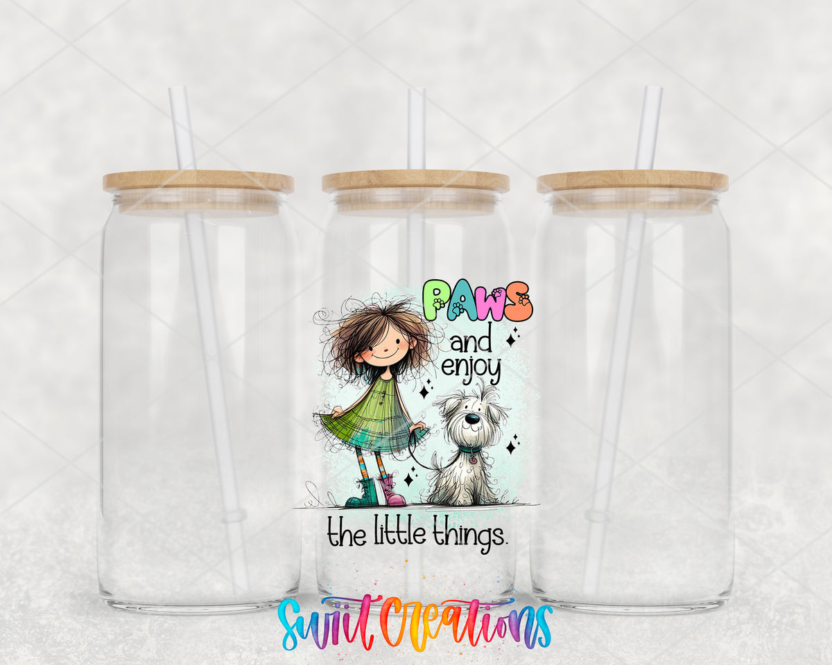 Paws and Enjoy clear glass tumbler group mockup with bamboo lids and straws