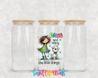 Paws and Enjoy clear glass tumbler group mockup with bamboo lids and straws