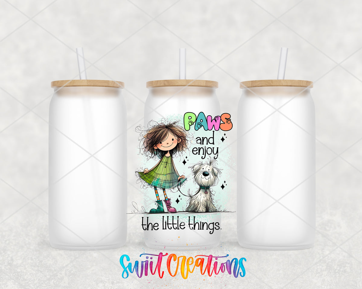 Paws and Enjoy frosted glass tumbler group view with lids and straws