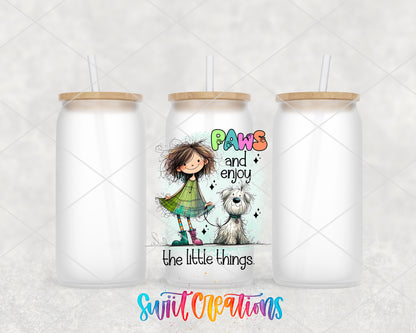 Paws and Enjoy frosted glass tumbler group view with lids and straws