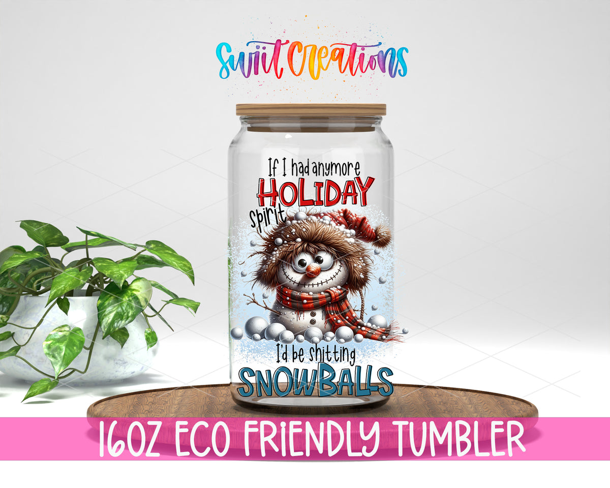 Shitting Snowballs design on a 16 oz clear glass tumbler with bamboo lid