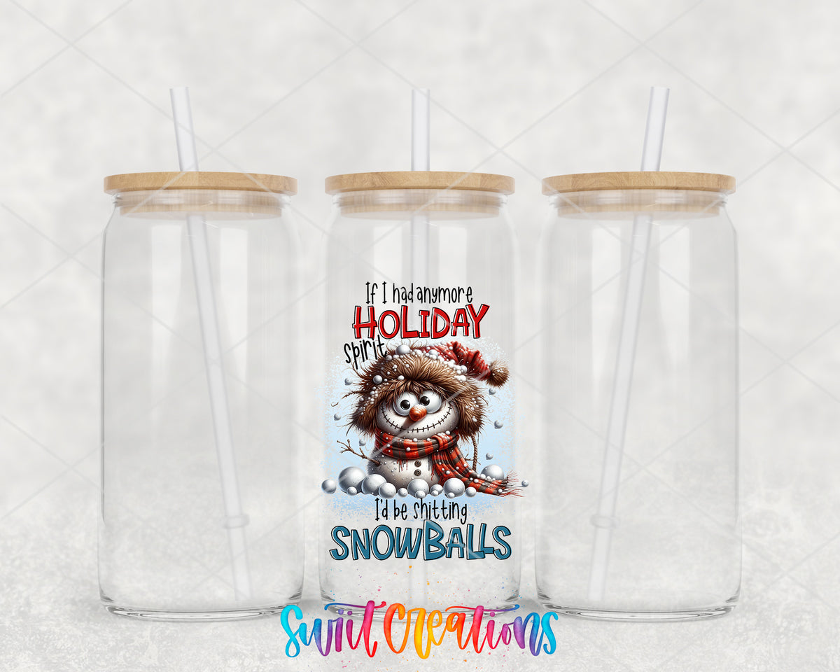 Shitting Snowballs clear glass tumbler group mockup with bamboo lids and straws