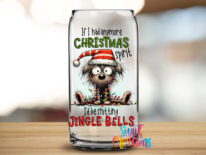 Shitting Jingle Bells design close-up on a clear glass can tumbler