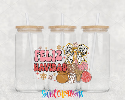 Feliz Navidad Coquette clear glass tumbler group mockup with bamboo lids and straws