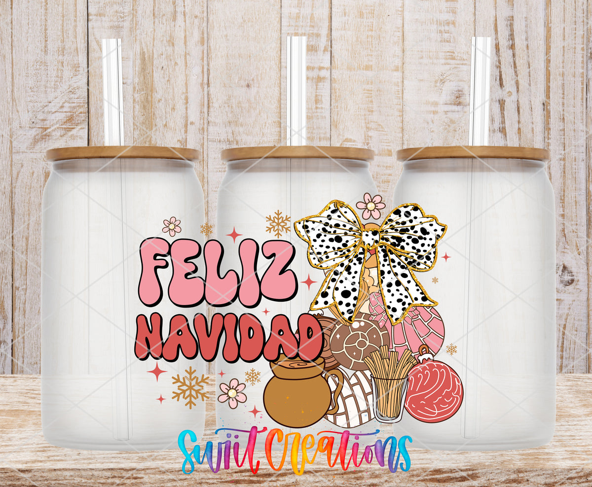 Feliz Navidad Coquette frosted glass tumbler mockup with bamboo lids and straws