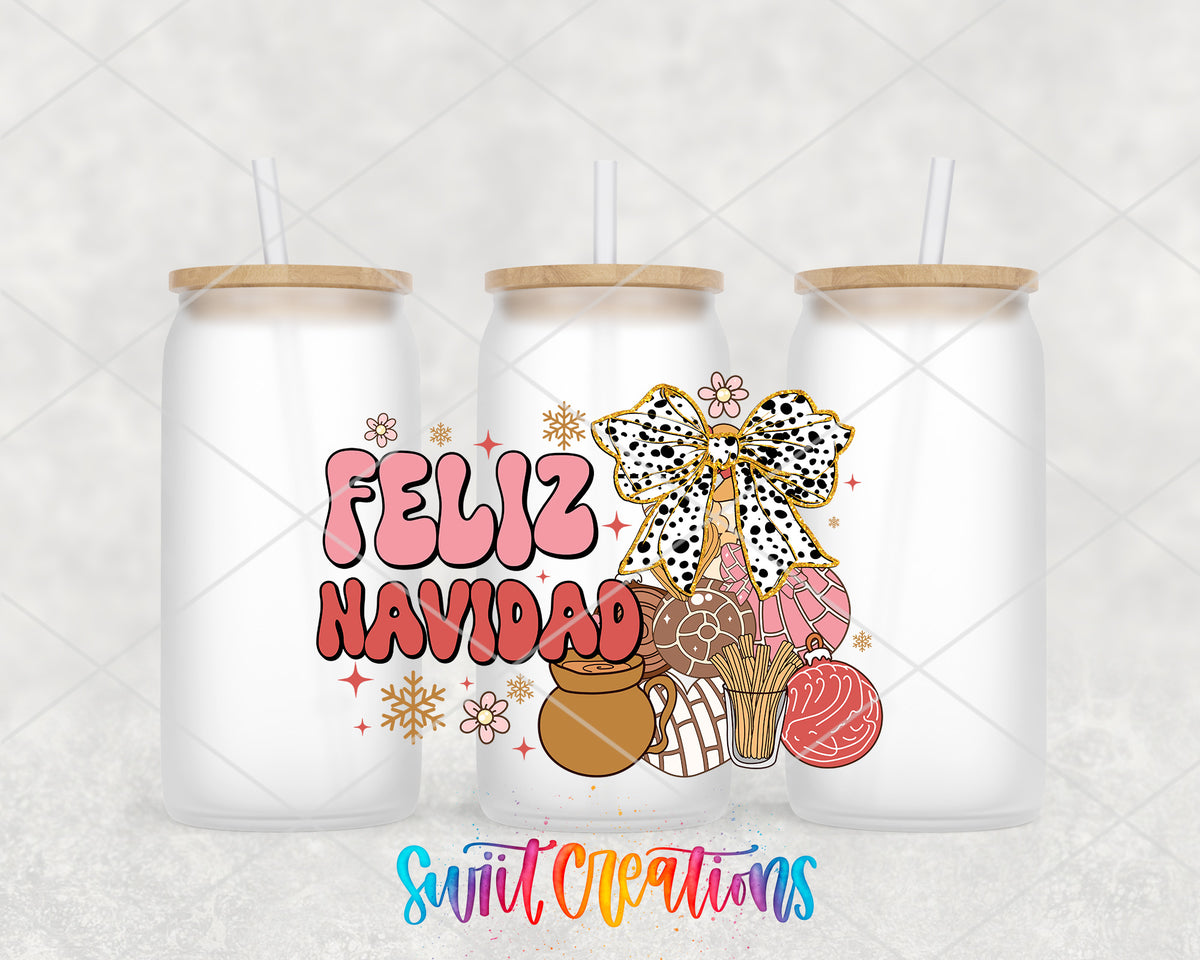 Feliz Navidad Coquette frosted glass tumbler group view with lids and straws