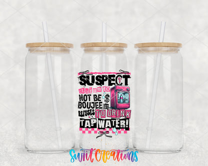 Suspect Refuses Tap Water clear glass tumbler group mockup with bamboo lids and straws
