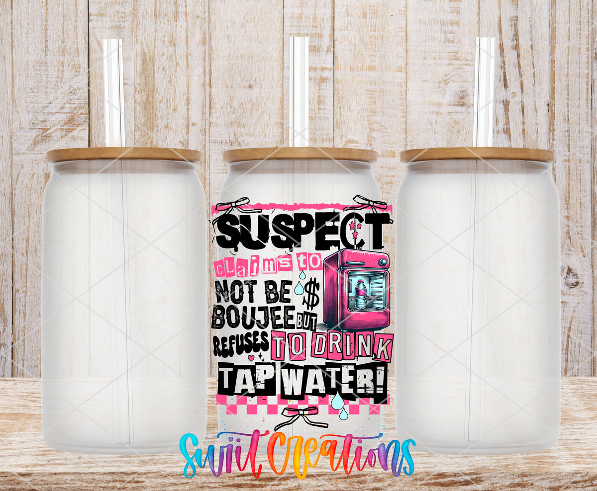 Suspect Refuses Tap Water frosted glass tumbler mockup with bamboo lids and straws