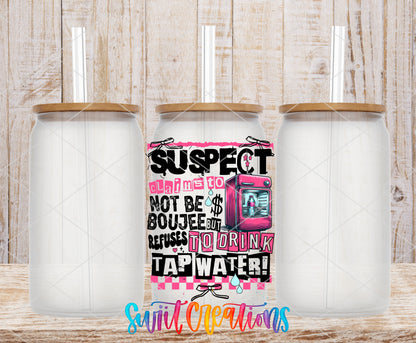 Suspect Refuses Tap Water frosted glass tumbler mockup with bamboo lids and straws