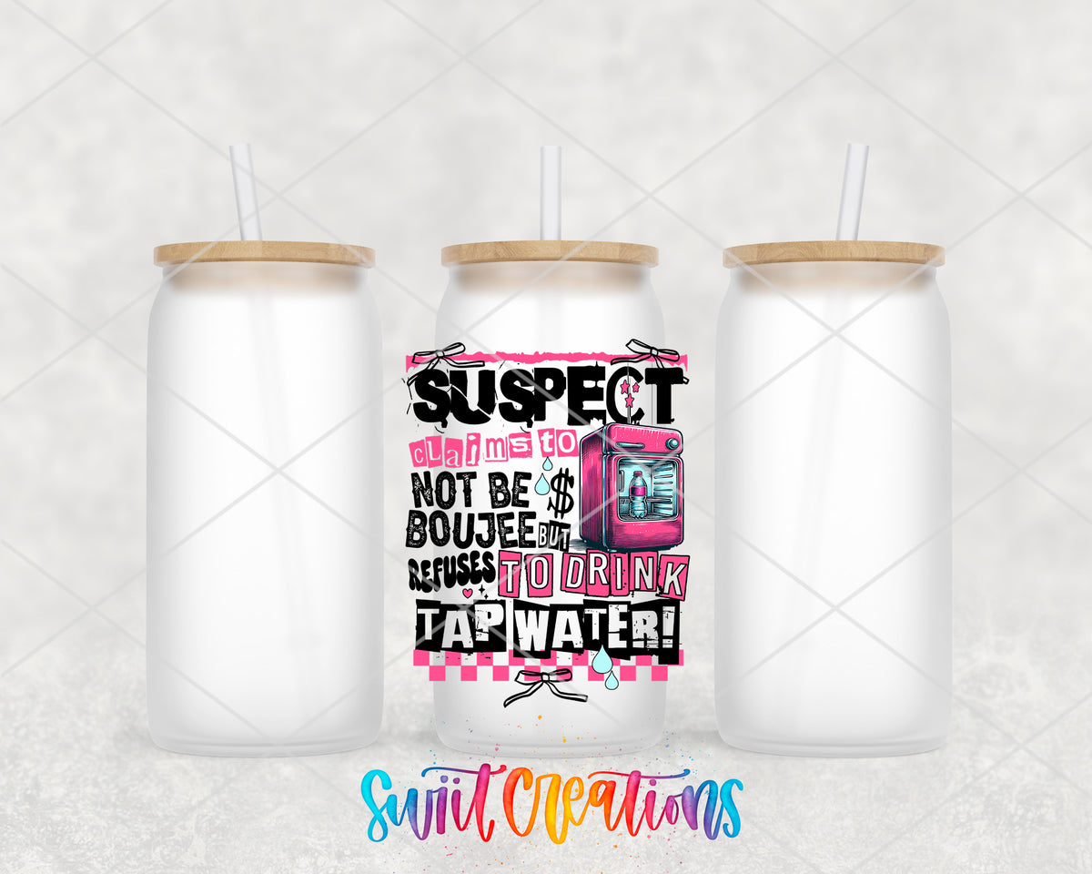 Suspect Refuses Tap Water frosted glass tumbler group view with lids and straws