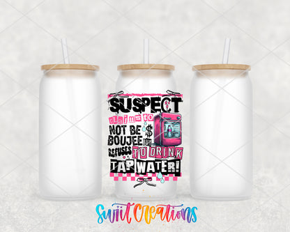 Suspect Refuses Tap Water frosted glass tumbler group view with lids and straws
