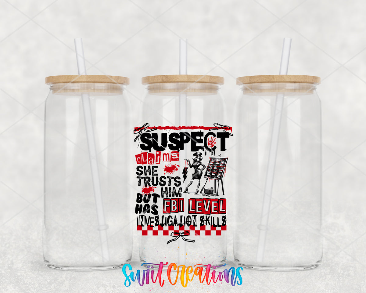 Suspect Has FBI Skills clear glass tumbler group mockup with bamboo lids and straws