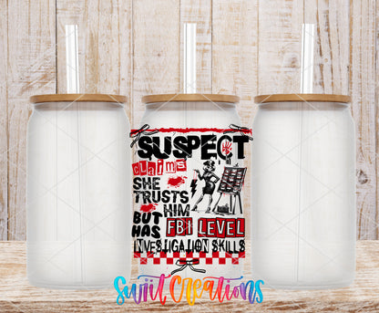 Suspect Has FBI Skills frosted glass tumbler mockup with bamboo lids and straws