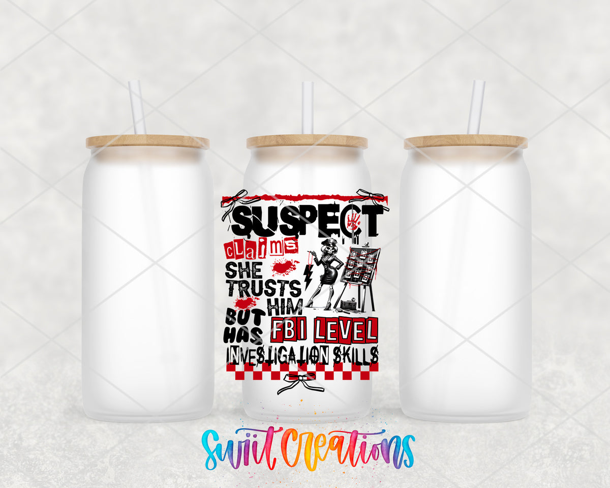 Suspect Has FBI Skills frosted glass tumbler group view with lids and straws