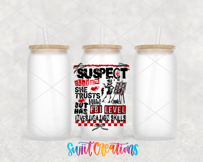 Suspect Has FBI Skills frosted glass tumbler group view with lids and straws