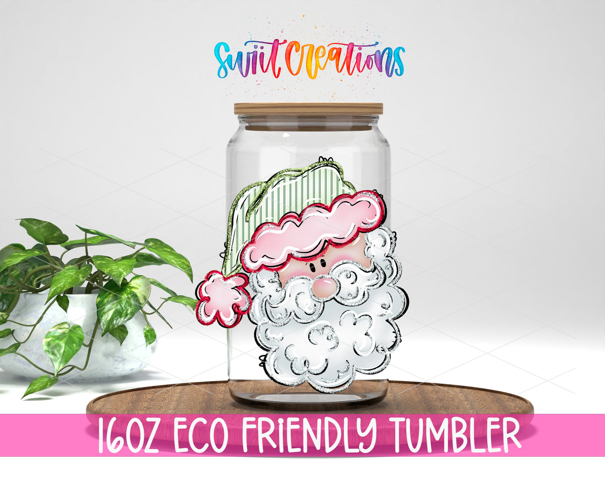 Pastel Santa design on a 16 oz clear glass tumbler with bamboo lid