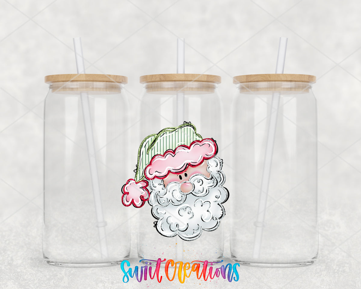 Pastel Santa clear glass tumbler group mockup with bamboo lids and straws