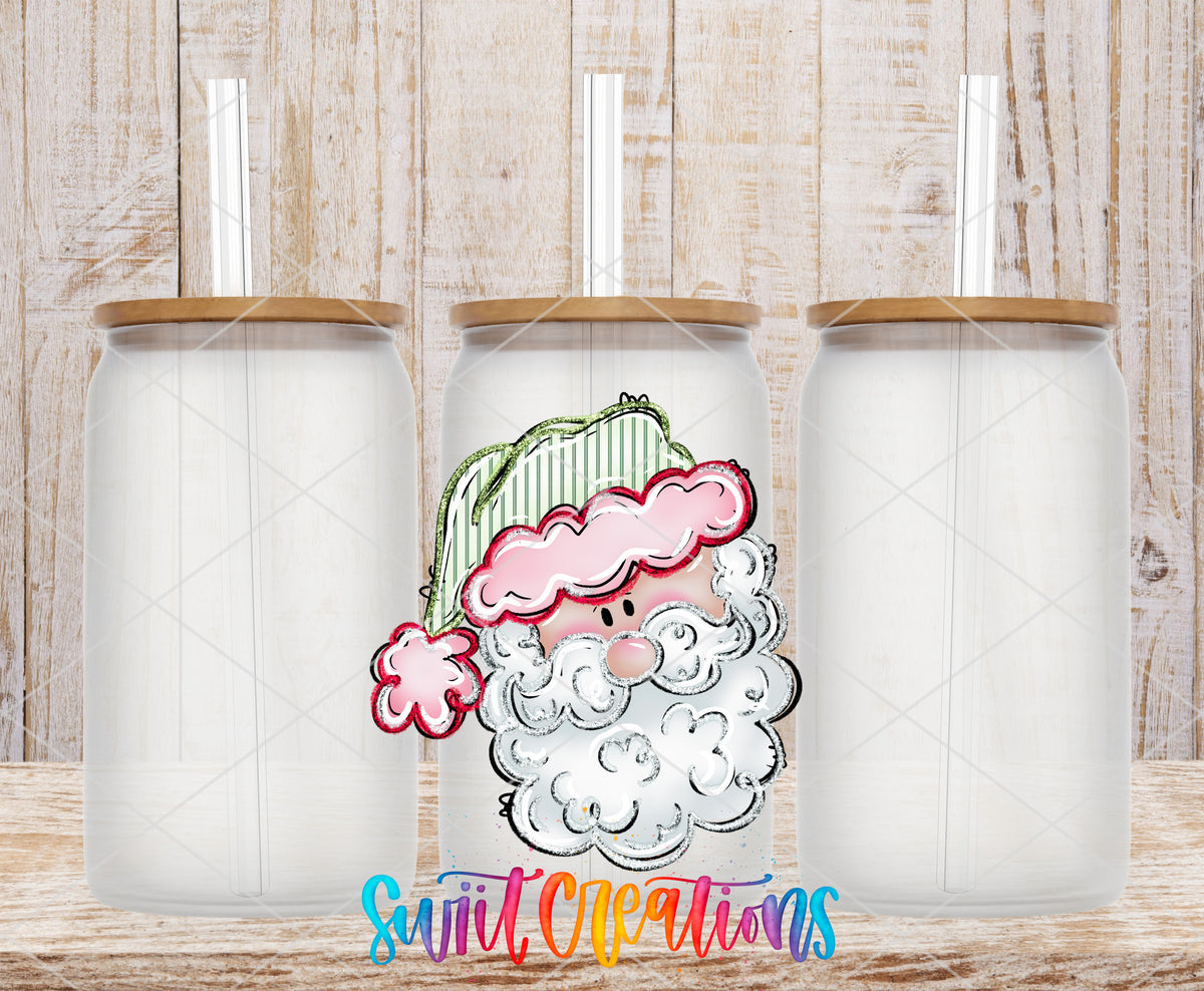 Pastel Santa frosted glass tumbler mockup with bamboo lids and straws