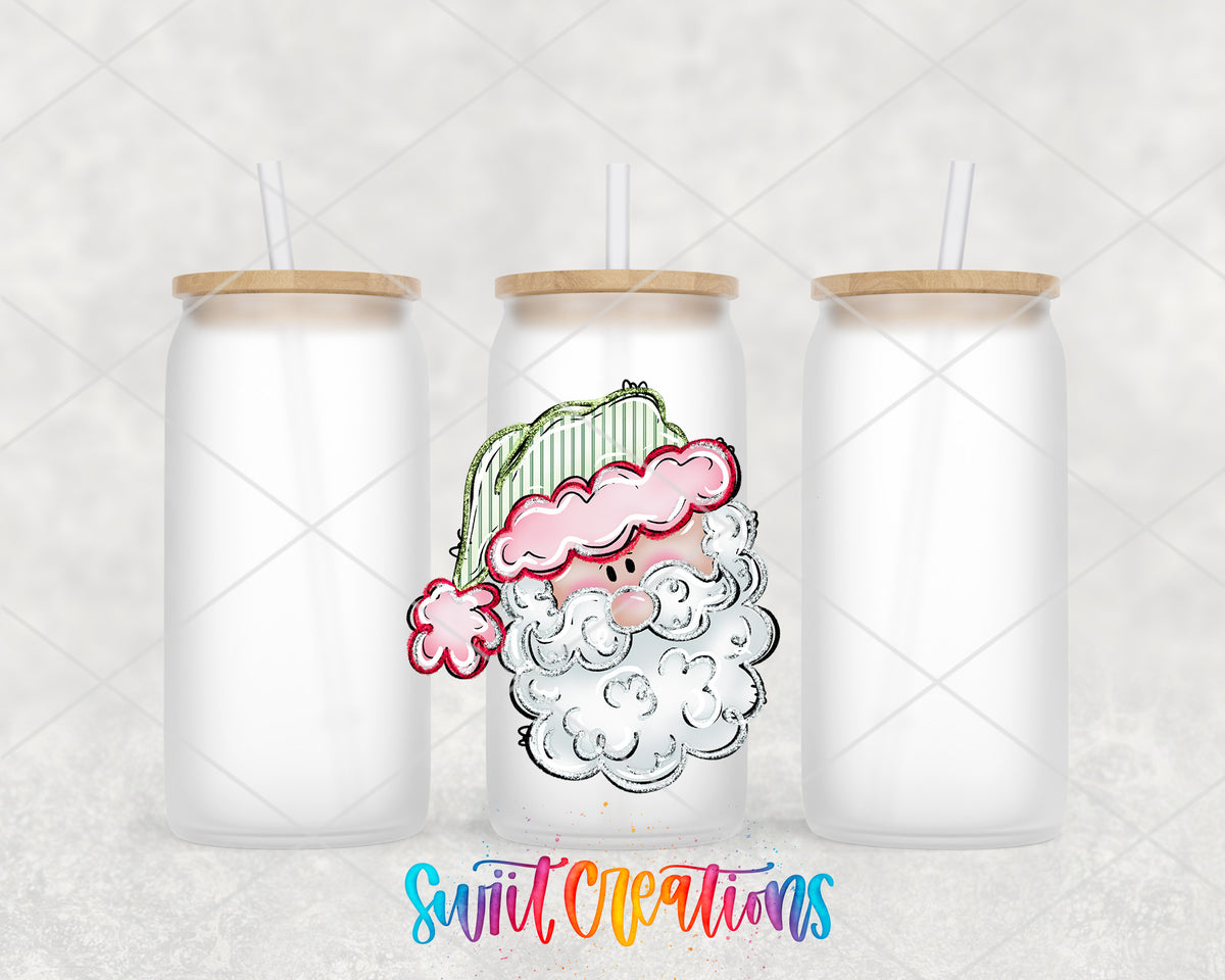 Pastel Santa frosted glass tumbler group view with lids and straws