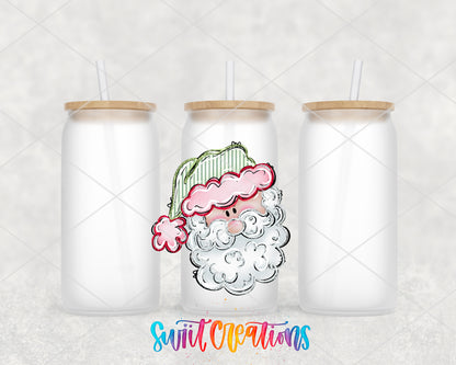 Pastel Santa frosted glass tumbler group view with lids and straws