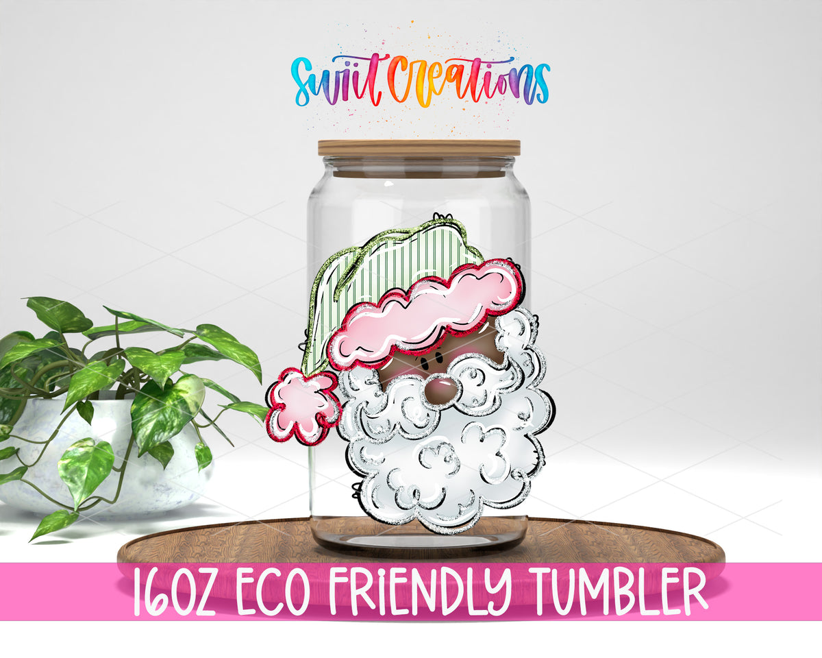 Black Santa design on a 16 oz clear glass tumbler with bamboo lid