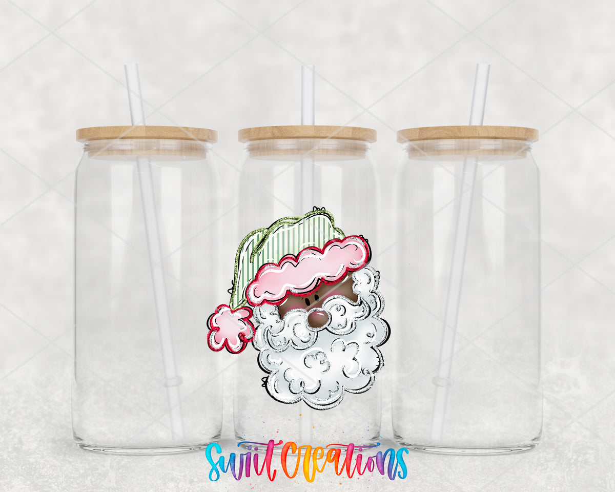 Black Santa clear glass tumbler group mockup with bamboo lids and straws