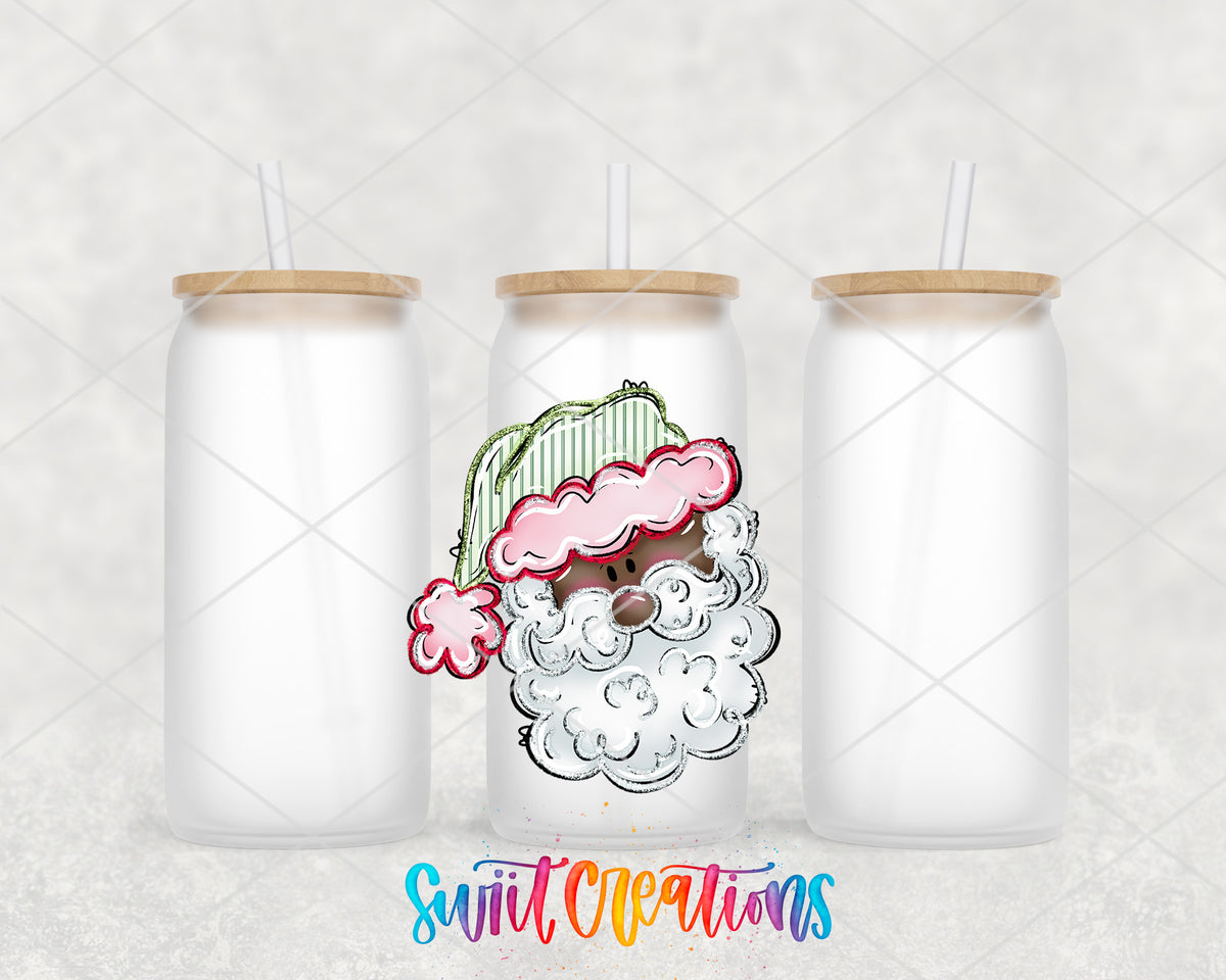 Black Santa frosted glass tumbler group view with lids and straws