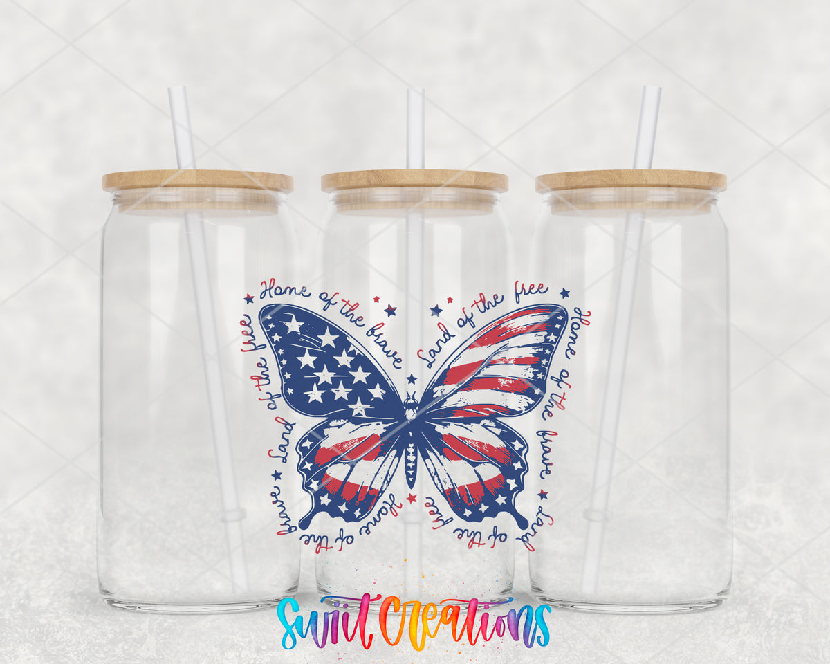 Patriotic Butterfly clear glass tumbler group mockup with bamboo lids and straws