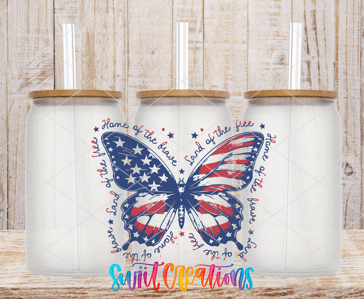 Patriotic Butterfly frosted glass tumbler mockup with bamboo lids and straws