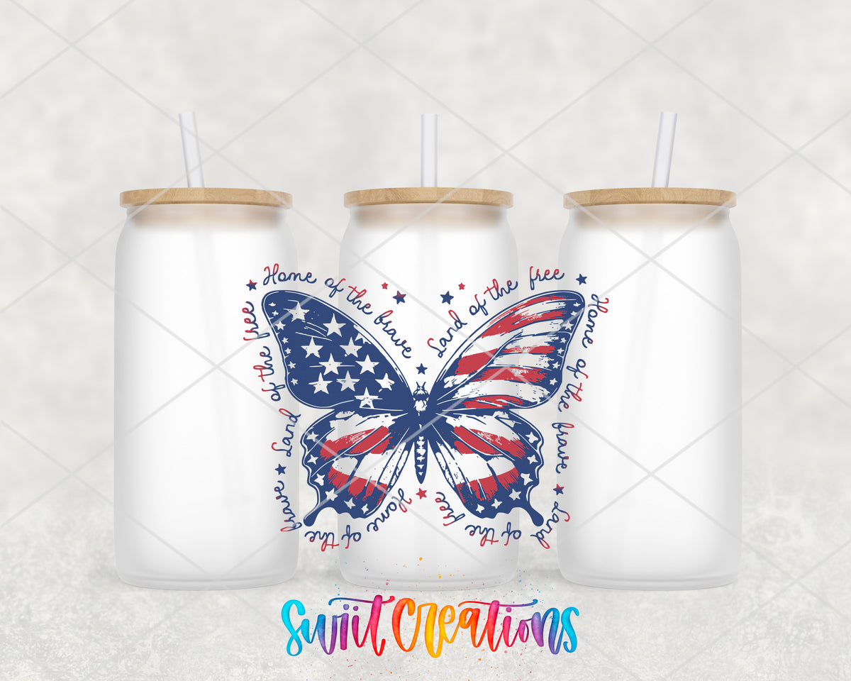 Patriotic Butterfly frosted glass tumbler group view with lids and straws