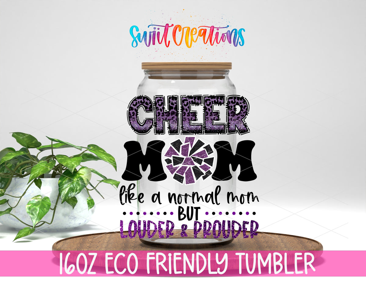 Purple Cheer Mom design on a 16 oz clear glass tumbler with bamboo lid