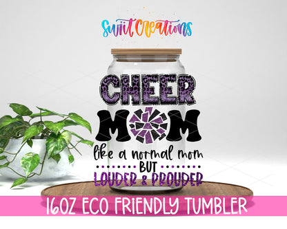 Purple Cheer Mom design on a 16 oz clear glass tumbler with bamboo lid