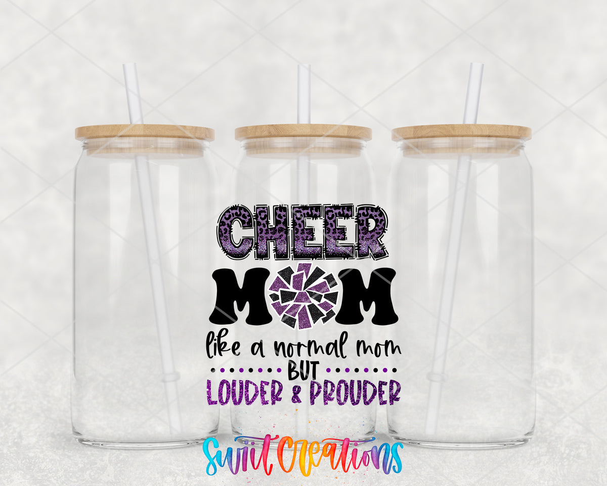 Purple Cheer Mom clear glass tumbler group mockup with bamboo lids and straws