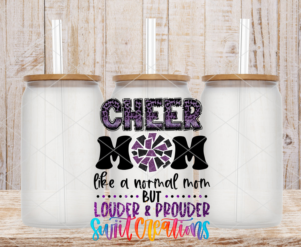 Purple Cheer Mom frosted glass tumbler mockup with bamboo lids and straws