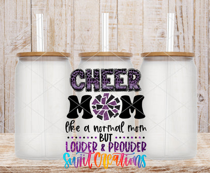 Purple Cheer Mom frosted glass tumbler mockup with bamboo lids and straws