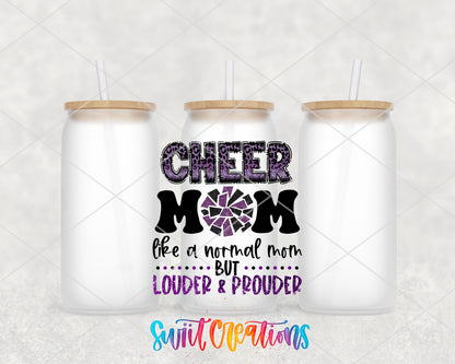 Purple Cheer Mom frosted glass tumbler group view with lids and straws